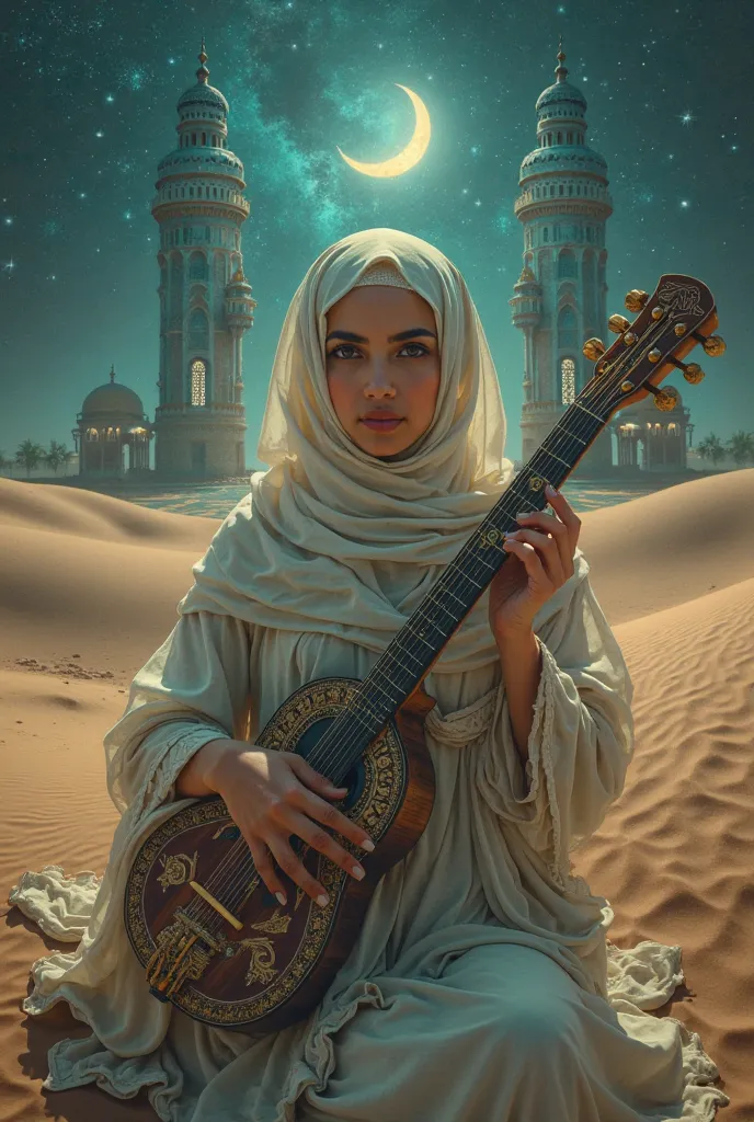 Beautiful Arabic woman, thin face veil, playing oud, looking at camera, mirage of a  mystical mosque in the middle of a mystical sand dune,  oasis, crescent moon and Milky Way as background 