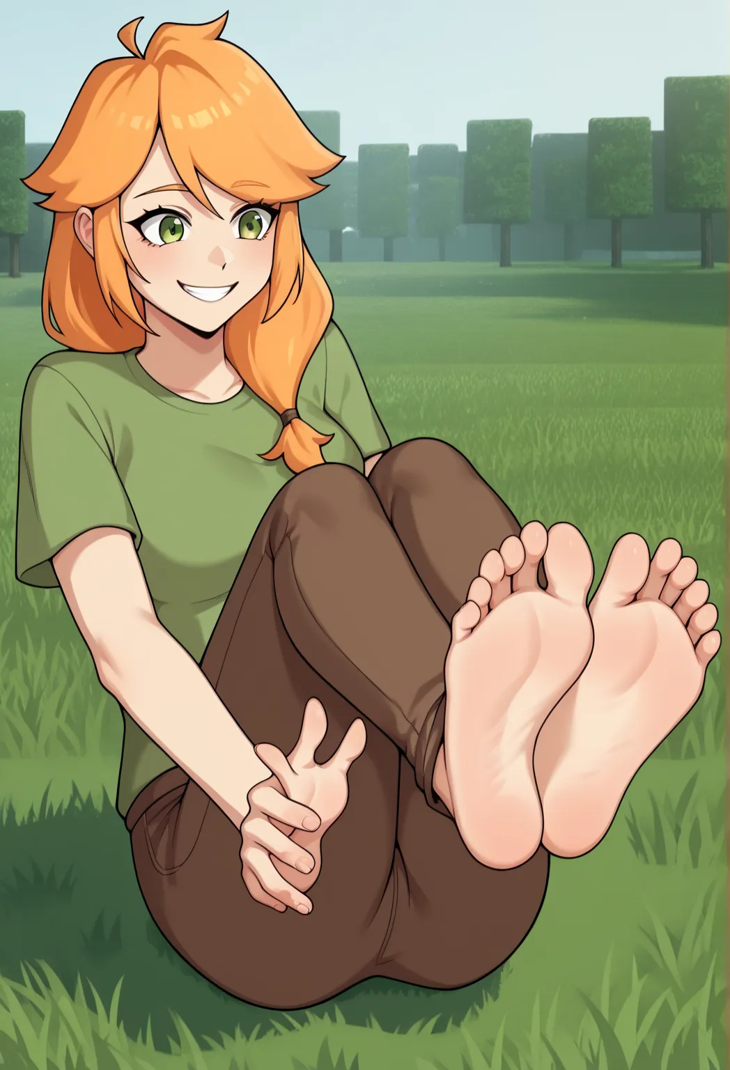 score_9, score_8_up, score_7_up, score_6_up, score_5_up, score_4_up, source_anime, 1girl, solo,  mmalex, orange hair, green eyes, green shirt, brown pants, Barefoot, Tickling_feet