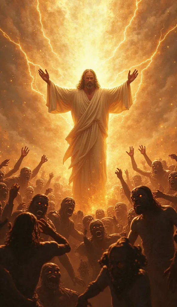 "Jesus Christ, glowing with radiant divine energy, stands at the center of a battlefield surrounded by writhing, screaming demons. His arms are raised, and beams of holy light burst from his body, casting the demons into the shadows. Each demon, twisted an...