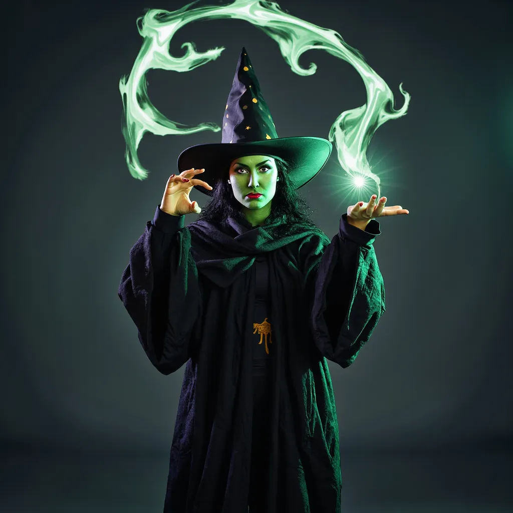 a fantasy Green-Faced Witch Mercy from over watch wearing a black witch hat and black coat. studio background, looking toward viewers, she waving her hand in air to doing magic