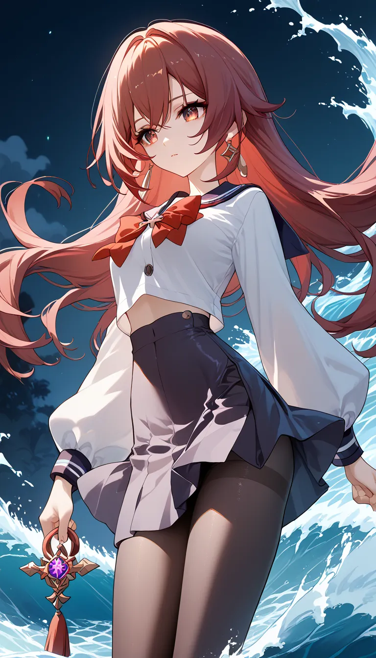 Chasca  | Genshin Impact, 17-year-old Waifu poses, Night, She wears a sailor-style uniform and a mini skirt,  tights , , school girl, Wuthering Waves - Cartethyia, maroon hair, 