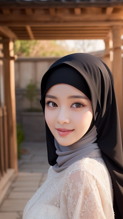 ​masterpiece、1 beautiful girl, 18 years old girls、A detailed eyes 、Puffy eyes、top-quality, 超A high resolution, (Realisticity: 1.4), cinematlic lighting、 japanese、cute girl、 wears arabian dress and hijab、long dress 、black dress、black hijab、Asian Beauty 、Sup...