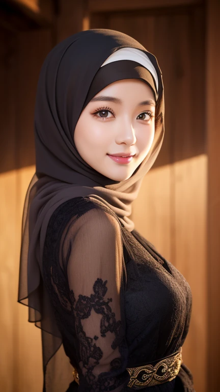 ​masterpiece、1 beautiful girl, 18 years old girls、A detailed eyes 、Puffy eyes、top-quality, 超A high resolution, (Realisticity: 1.4), cinematlic lighting、 japanese、cute girl、 wears arabian dress and hijab、long dress 、black dress、black hijab、Asian Beauty 、Sup...