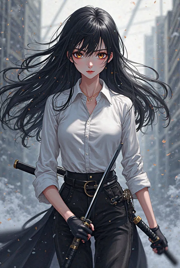  a girl with black hair,  dark brown eyes , white skin, He wears a white shirt ,  black pants ,  black gloves , A katana some black booties (Anime Style)