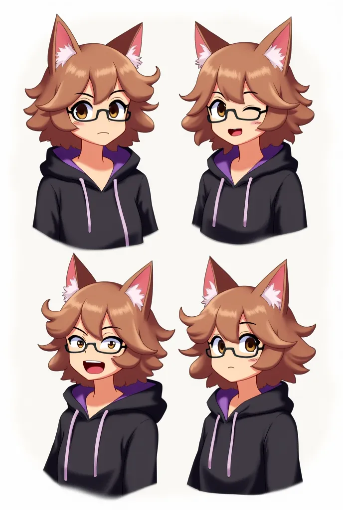 Here’s the translated prompt in English:


---

A character in anime style: A Latina girl with tan skin, light brown, medium-length curly afro hair, and cat ears of the same color with white details. She wears semi-square glasses and a black hoodie with pu...