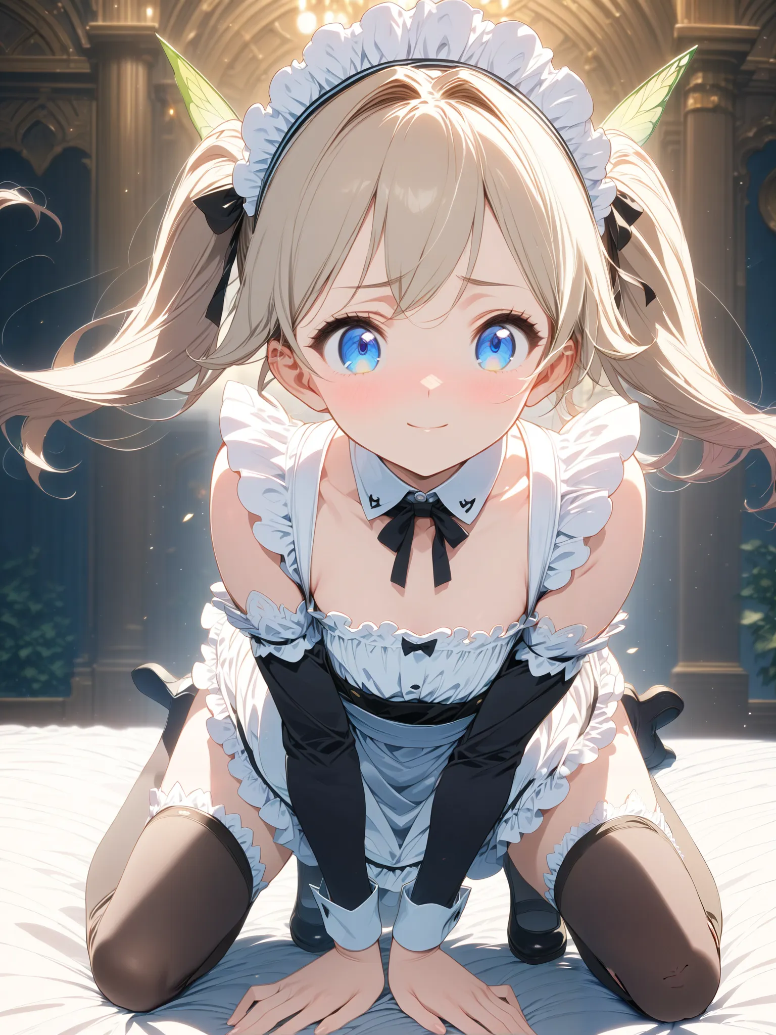  Blonde Twin Tail Maid Daughter , (Highest quality), not exhaustive, 8K product, aesthetics, Volume Lighting, very well detailed (Fairy), (one girl), perfect face, exhaustive, Double Twintails,  Brant Bang, gray hair,  blue eyes, pink,  Thin Smile , Kawash...