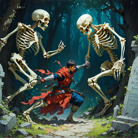 A dnd style human adventurer fighting vs 3 skeletons onna graveyard