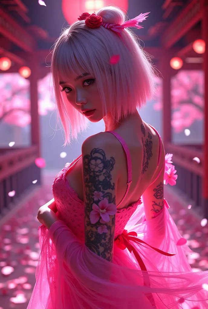 dazzling cherry blossom petals in halation pink light、 are dancing、Please take a full-body picture of a beautiful Japanese girl who looks like a shrine maiden costume combined with a gothic。the base of the costume is embroidered with fluorescent pink cherr...