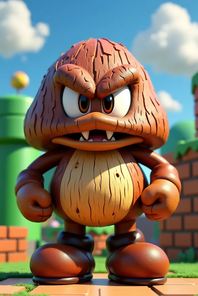 A photorealistic image of Goomba from the Mario universe in full growth. He looks like a living creature with a detailed skin texture resembling tree bark with a warm brown hue. The eyes are large, expressive, with a glint and slight reflection of light, g...