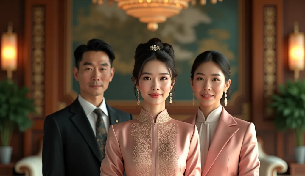 make me a pic of an asian tycoon's family, With a beautiful woman