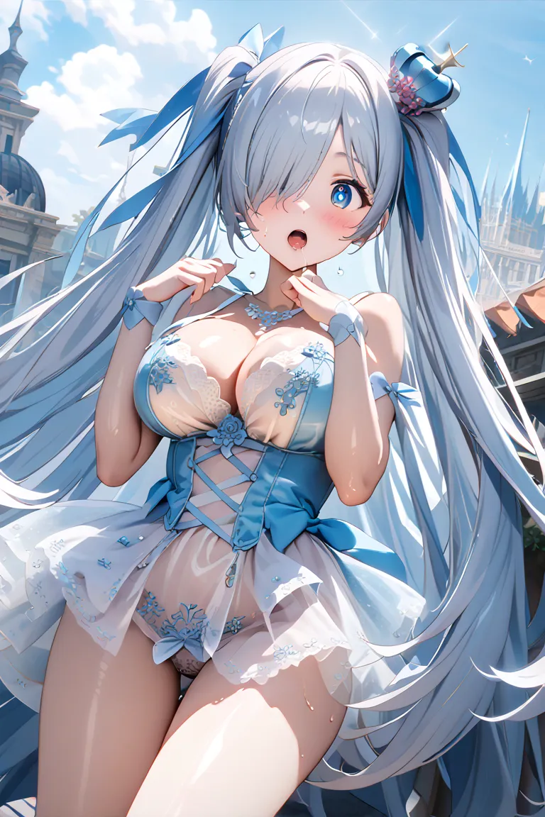  Cinderella, white hair, hair over one eye, white pupils, twintails, long hair, very long hair, blue eyes,crown, dress, mini crown, large breasts,,wet 、 juice 、dynamic、（ viewed from directly below:1.5)、（  Gloomy Eyes:1.3）,saliva、   open your mouth 、( maste...