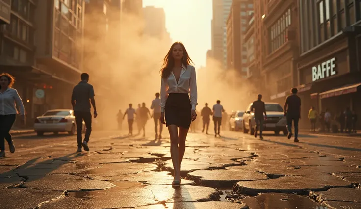 “Create a realistic image of a powerful earthquake, with cracked pavement and buildings shaking in a busy cityscape. People are seen running in panic, while dust and debris fill the air. In the background) is partially obscured by a dust cloud, with damage...