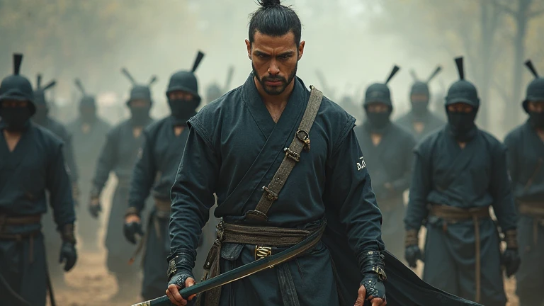 a western man with short black hair dressed as a ninja is in a horse stance holding a katana sword. he was surrounded by people dressed as ninjas in the same pose