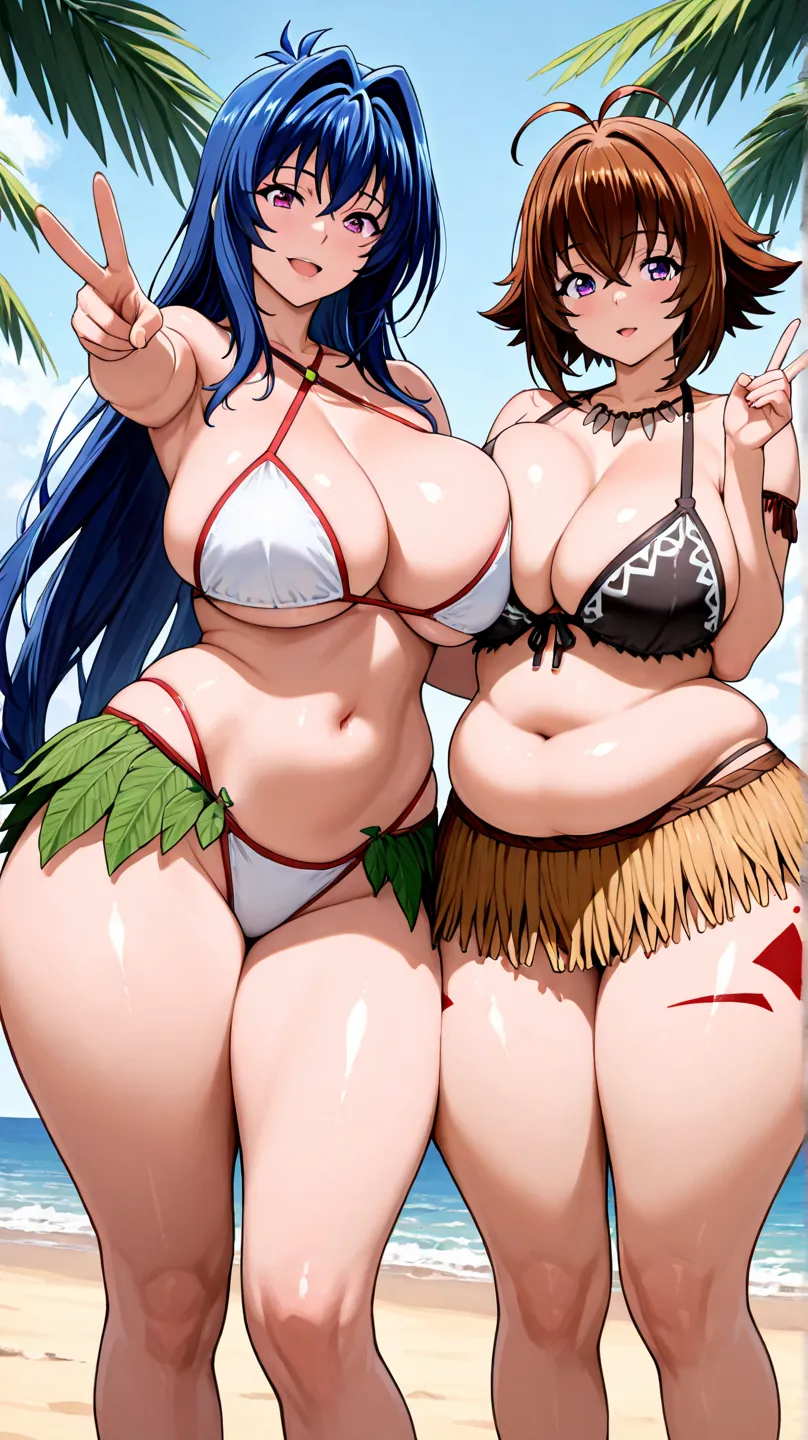 Venelana Gremory,brown hair,short hair, antenna hair,(big breasts),2girls,(thick hips and fat thighs),(micro sharp, mini short jean V), beach,marsterpiece,best quality,amazing quality very aesthtic,absurdres,newest
nijou aki,maken-ki,blue hair,purple eyes,...