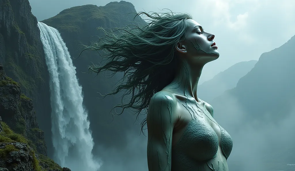 A woman's body molten into a mountain giving it shape and with a lot of vexation , a huge waterfall coming out of her hair she is looking up