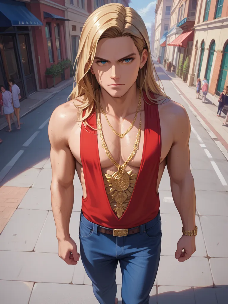 ((((high quality,masterpiece,anatomically correct, 最high quality, textured skin, )))),Light from above ,long hair,  Gold, Tall Length,sling,handsome, Casual Outfit ,American Streets,Serious, dance,ストリート dance,anime,