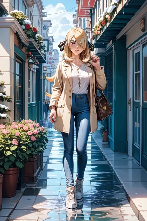 masterpiece, best quality, great image quality, 1 girl, young woman, Cynthia from Pokemon, (Make her wet:1.8), despair, (Large urine stain:1.0), blue denim pants, Casual Winter Outfits, Winter Footwear, medium bust, watching viewers, :THE, February Scandin...