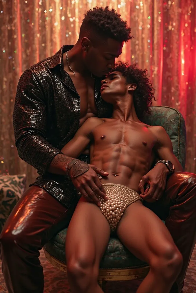 An gay african muscular  man in black shinny disco Tshirt  and shinny brown leather disco pants and leather boots gay kissing a gay skinny white male man pearl gstring . Gay kiss On a chair