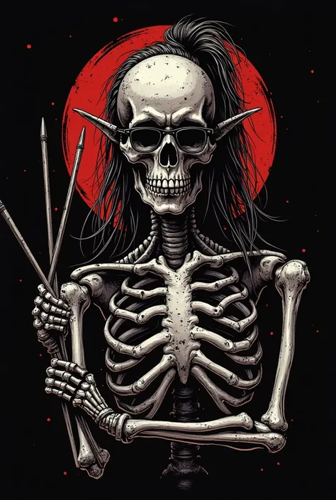 Logo for a rock band/Metal call "Yesters" with a Harlequin skeleton metalhead drummer, Only with the battery chopsticks, Long hair tied with ponytail, black glasses, ear piercings, Chin only on the pear, on black background, including the name of the band