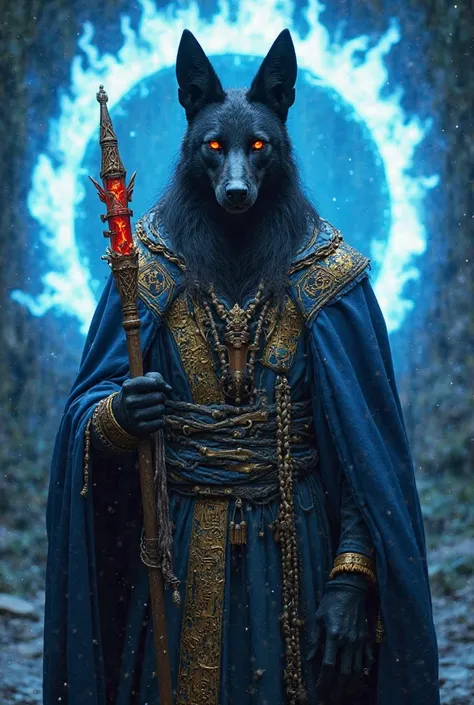 An imposing figure with the head of a black jackal, dressed in a robe of blue and gold silk,His eyes glow an incandescent red, reflecting the mystical energy of the underworld,In his hands, a staff decorated with sacred runes pulses with ancient magic,The ...