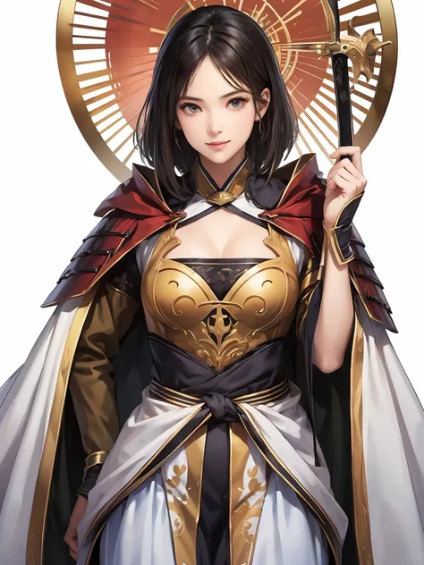    beautiful woman with short hair ：1.3,  artwork inspired by Grovitz , neck length hair 、 Hanfu,((   pure white background  )), ( Top Quality),   handsome， Beautiful female knight , 2.  5d cgi Fantasy Artwork ,  EXQUISITE DIGITAL ART ,   Extremely Great W...