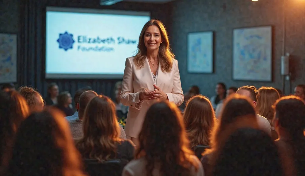 A forty-year-old woman with a serene and powerful expression standing on a podium giving a lecture to a room full of attentive women.  behind her, a screen shows the logo of the 'Elizabeth Shaw Foundation'. The woman is elegantly dressed in a professional ...