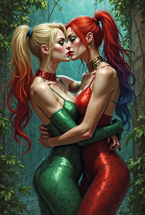 Harley quinn passionately kissing poison Ivy