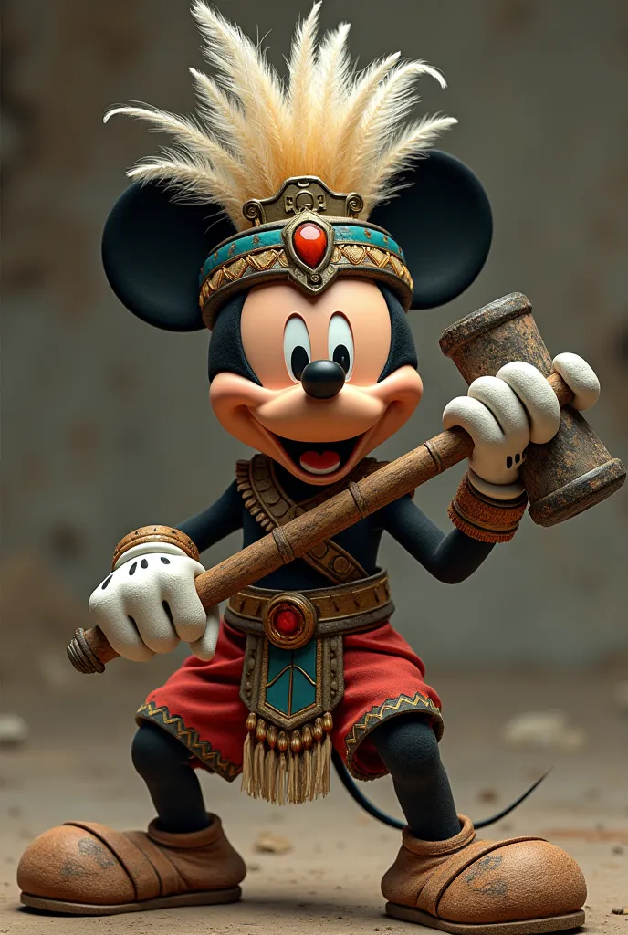 Generate Mickey Mouse with a fierce face characterized as an Aztec warrior, With huaraches and plume, in a combat attitude with a sledgehammer in the right hand and without a bottom