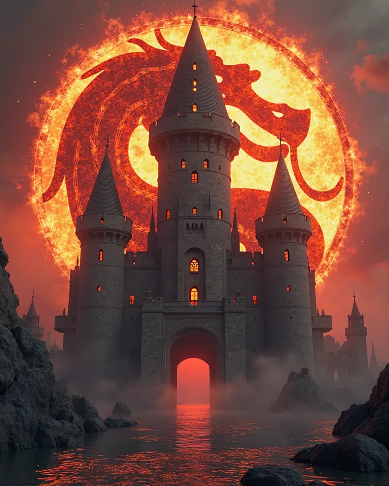 castle with the fiery Mortal Kombat logo in the background , 3d ,  very detailed ,   resolution 8k , live image,  seen from afar