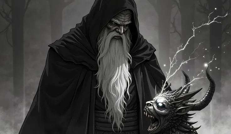 Anime image: Wizard with a black hoodie. Black and white beard and holding a demon kneeling on the ground by the collar and with his eyes with glowing white rays coming out 