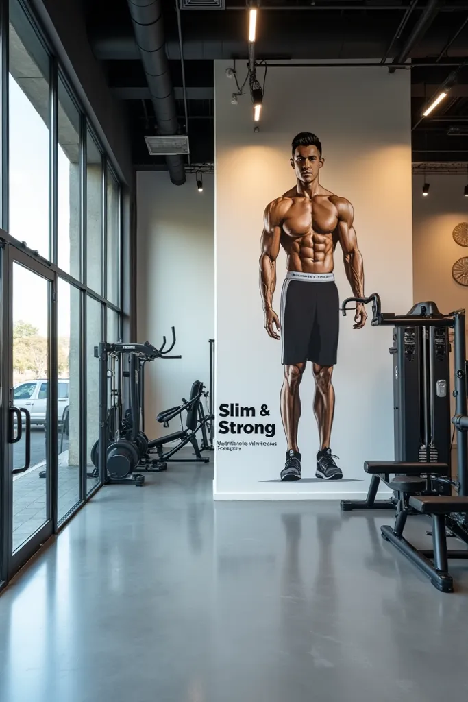 A gym with fine paint on the side written Slim & Strong on the bottom written Nutritionist Vinícius Rodrigues 