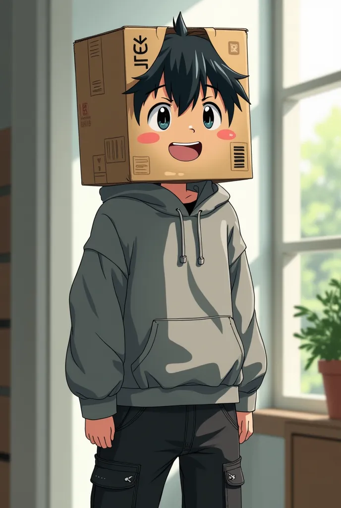  Draw an anime boy with black book-style hair, with a gray sweatshirt and black pants , In place of the head there is a cardboard box, with expression drawn on the box.