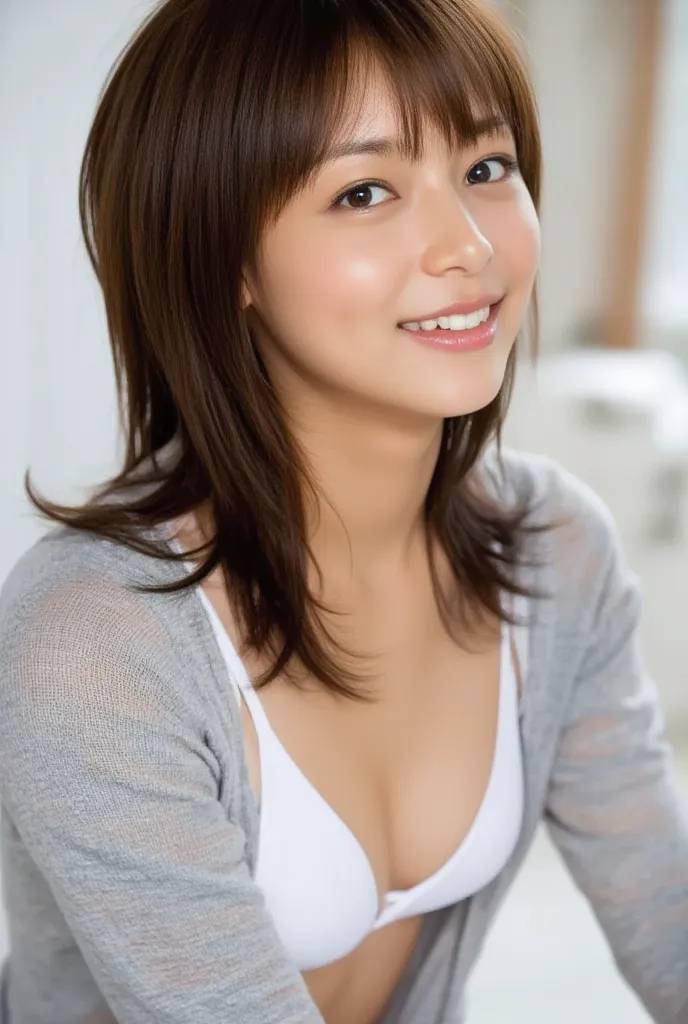 Anatomically correct,High resolution,Perfect Pixel,cute Japanese girl sitting on bed,(smile:1.0),japanese,looking viewer,age 30yo,(large breasts:2.0),(big breasts:2.0),blush,(busty:1.1),sexy bra and panties