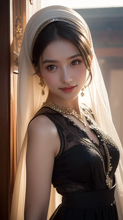 ​masterpiece、1 beautiful girl, 18 years old girls、A detailed eyes 、Puffy eyes、top-quality, 超A high resolution, (Realisticity: 1.4), cinematlic lighting、Japanese、cute girl、 wears arabian dress and hijab、long dress 、black dress、black hijab、 Middle East Beaut...