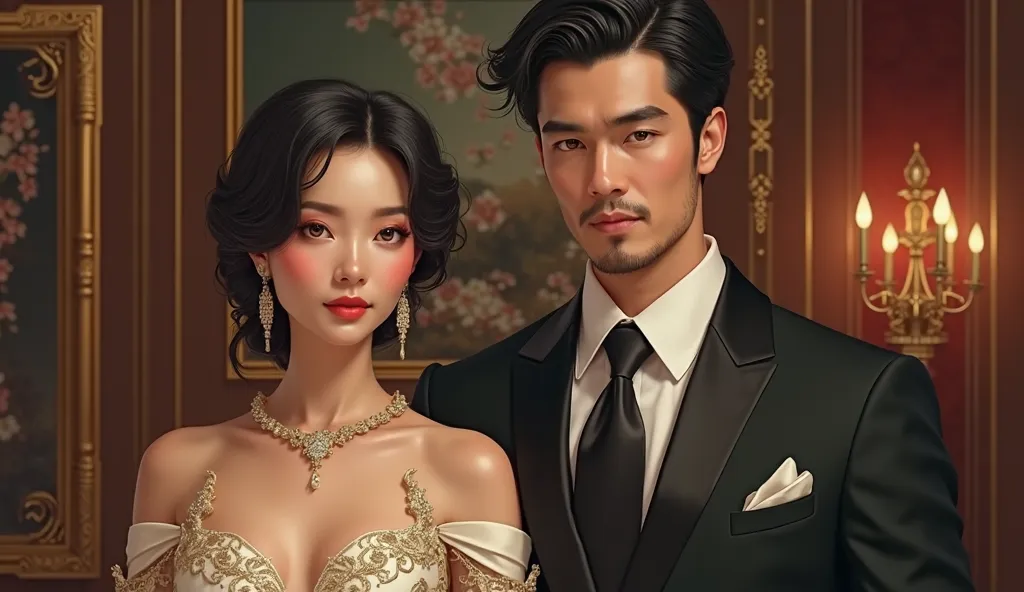 Make me a picture of an asian tycoon family with a beautiful woman and a handsome man