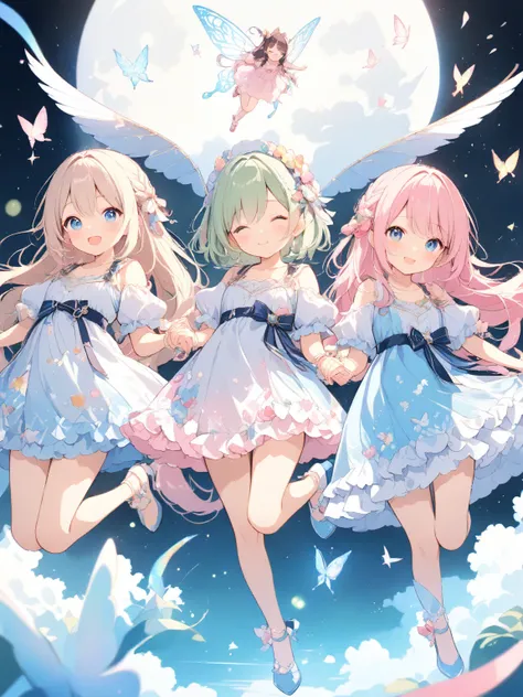 3 beautiful girls、delicate、flat chest、 Little Fairies、3 cute girls holding hands、sparkling butterfly wings with a sense of transparency on their backs、Different hairstyles、 crescent、 flying high in the sky 、Depict the ground downwards、Draw the whole body、c...