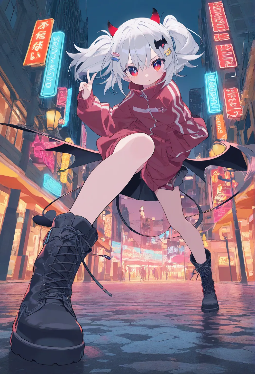 cool woman、Neon Street Woman with Silver Hair and Bright Red Eyes、Devil Horns、cute hair ornament、Beautiful body with long legs、Black boots、 jerseys、 high school student