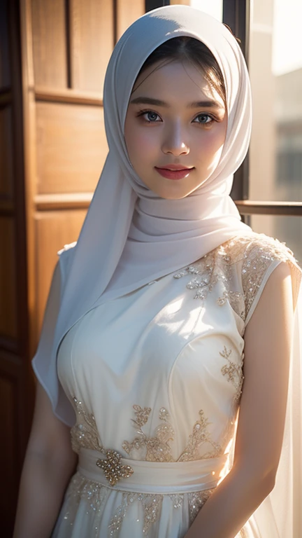 ​masterpiece、1 beautiful girl, 18 years old girls、A detailed eyes 、Puffy eyes、top-quality, 超A high resolution, (Realisticity: 1.4), cinematlic lighting、 japanese、cute girl、 wears syar'i dress and hijab、long dress 、white dress、white hijab、 Middle East Beaut...