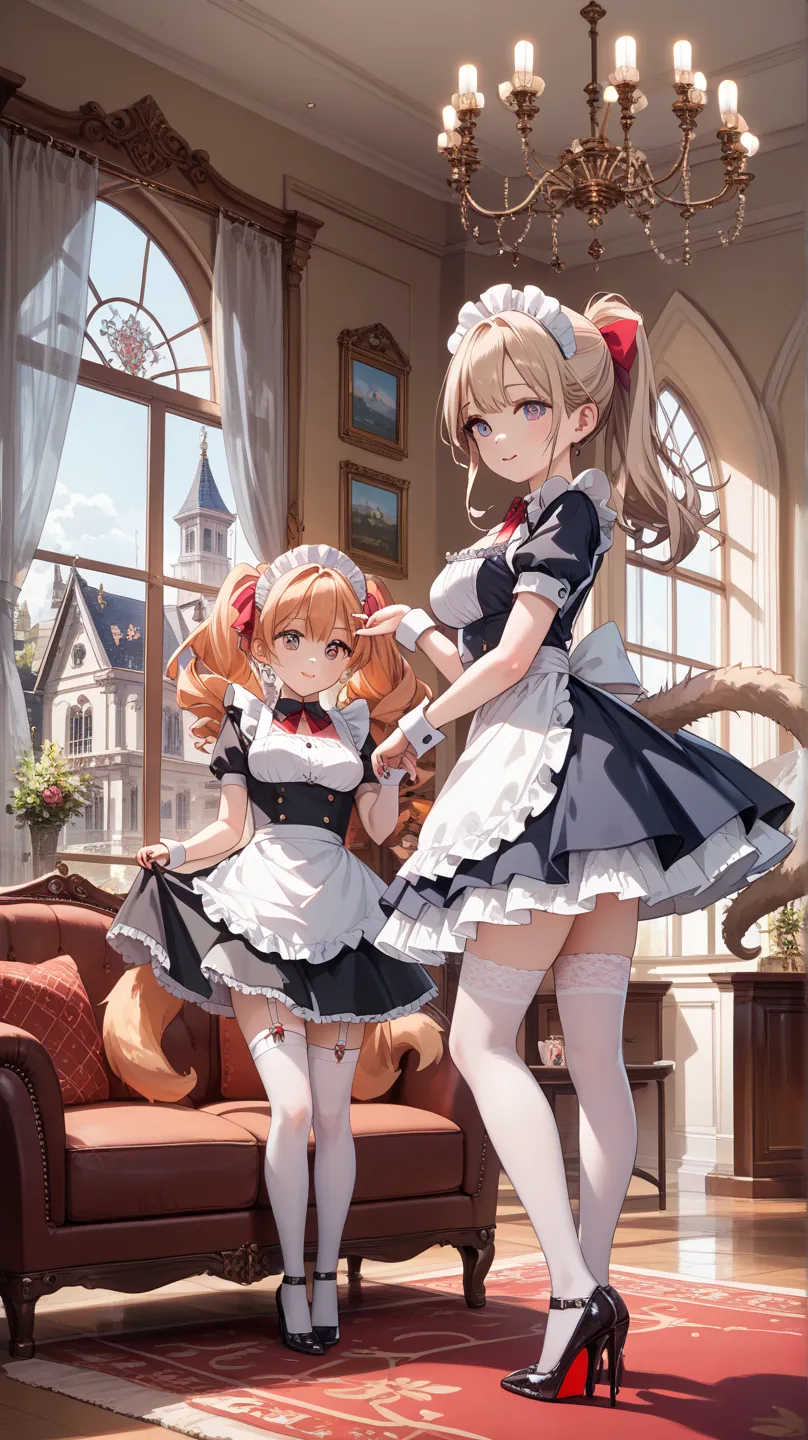 2 girls, cute maids, ponytail, twin tail, medium breasts, maid outfit, white knee-high stockings, black high heels, two maids are giving you a cute morning greeting, (background is a mansion living room: 1.2, background details: 1.3), luxurious sofa, chand...