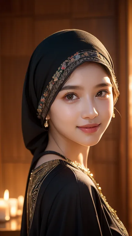 ​masterpiece、1 beautiful girl, 18 years old girls、A detailed eyes 、Puffy eyes、top-quality, 超A high resolution, (Realisticity: 1.4), cinematlic lighting、Japanese、cute girl、 wears arabian dress and hijab、long dress 、black dress、black hijab、 Middle East Beaut...