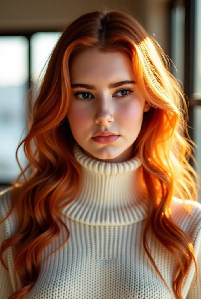 The image presents an amazingly ethereal scene, sad1es1nk is in the center, showing their distinctive features in the beautiful environment of the apartment.  She has long , wavy red hair that flows gracefully behind their back,round face with beautiful br...