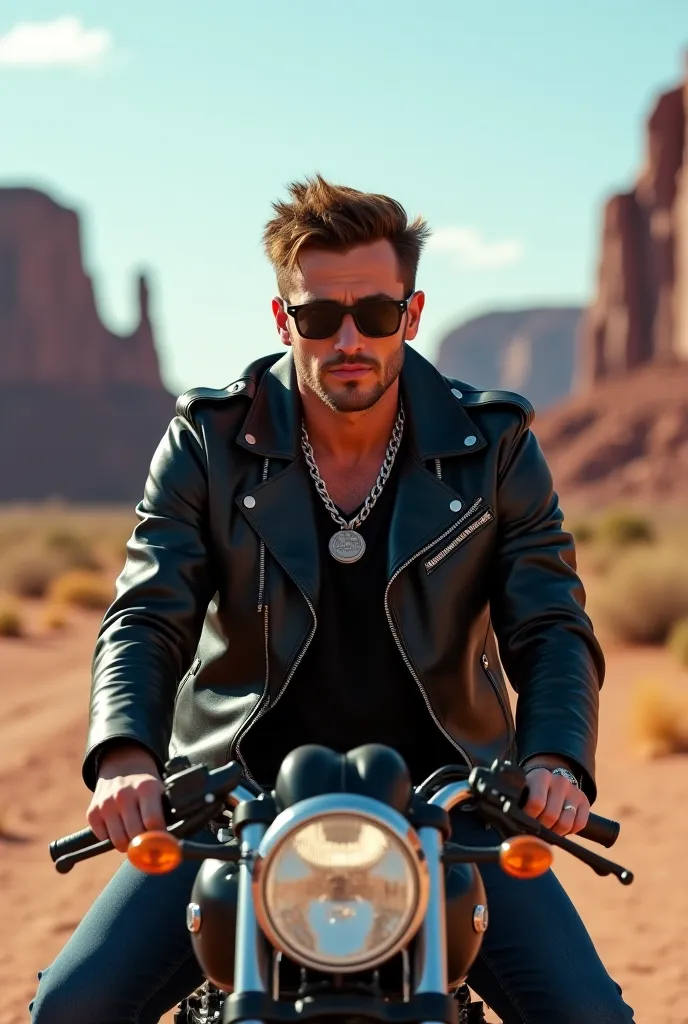 A twenty-nine-year-old man rests on a motorcycle standing in a desert surrounded by tall mountains. The man wears a black leather jacket with sunglasses and looks at the camera angry with signs of revenge on his face and holds a silver chain in his hand 