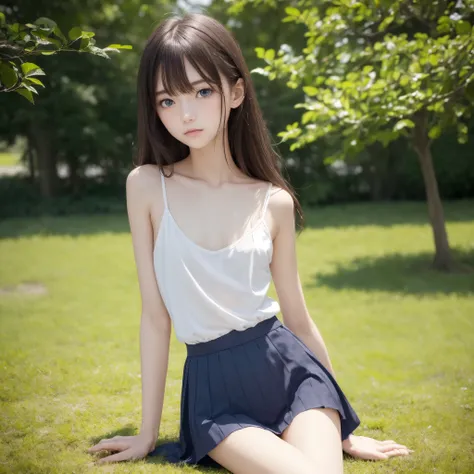 ( masterpiece, Highest quality:1.4), award winning portrait , 8k, 85mm, alone, beautiful face,  Delicate Girl, (cheerleader、 on the lawn),  refined , cute, Age 15, RAW photo, Confused, Hi-Res, sharp concentration, background blur 、((( flat at honny 、A slim...