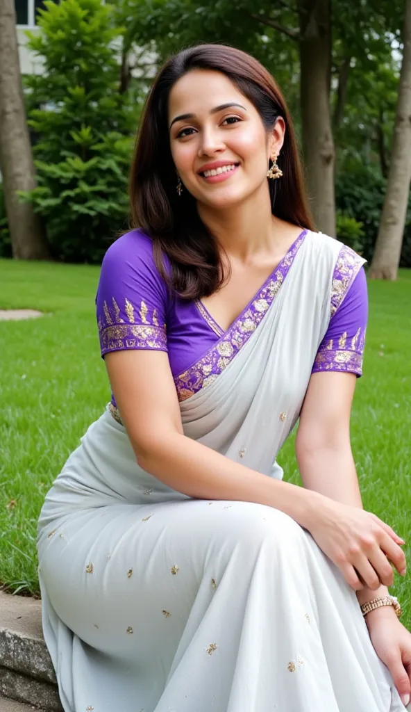 Malayali woman, wearing light ash  saree and violet ethnic  blouse, sotting in Switzerland garden,Looking at viewer, 