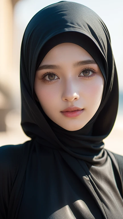 ​masterpiece、1 beautiful girl, 18 years old girls、A detailed eyes 、Puffy eyes、top-quality, 超A high resolution, (Realisticity: 1.4), cinematlic lighting、Japanese、cute girl、 wears arabian dress and hijab、long dress 、black dress、black hijab、 Middle East Beaut...