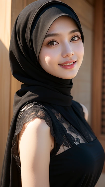 ​masterpiece、1 beautiful girl, 18 years old girls、A detailed eyes 、Puffy eyes、top-quality, 超A high resolution, (Realisticity: 1.4), cinematlic lighting、Japanese、cute girl、 wears arabian dress and hijab、long dress 、black dress、black hijab、 Middle East Beaut...