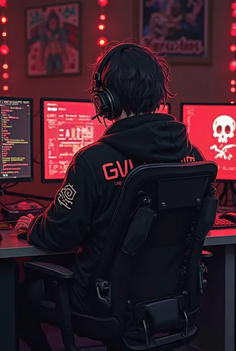 make a black background for a gaming room with a black and red style, add GVI GRAM CHAT and add an anime character sitting at the computer with the inscription on a black katana sweater and add a hacker background to the monitor 