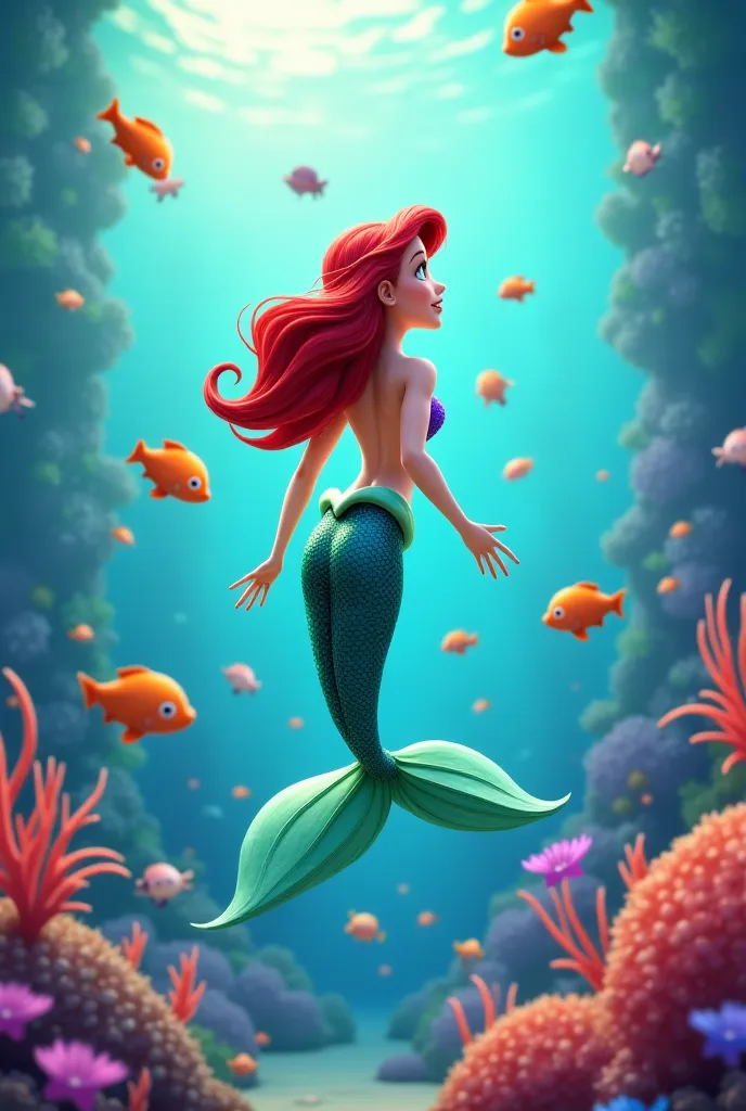 Pixar-style princess Ariel, swimming with animated fish 