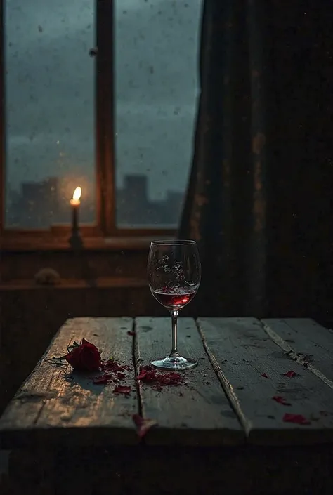 A broken wine glass on an aged wooden table, with the wine slowly spilling towards the edge, as if it were fading into the void. The dim light of a nearby candle illuminates the lengthening shadows, creating a dramatic contrast. In the background, an open ...