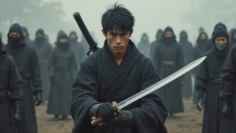 a western man with short black hair dressed as a ninja is in a horse stance holding a katana sword. he was surrounded by people dressed as ninjas too, circling the main character, they were in poses like the main characters